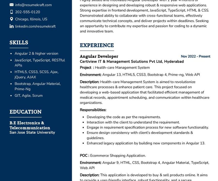 Angular Developer Resume Sample in 2024 - ResumeKraft