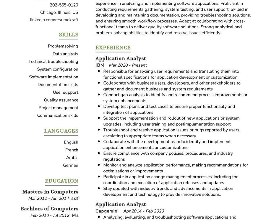 Application Analyst Resume Sample