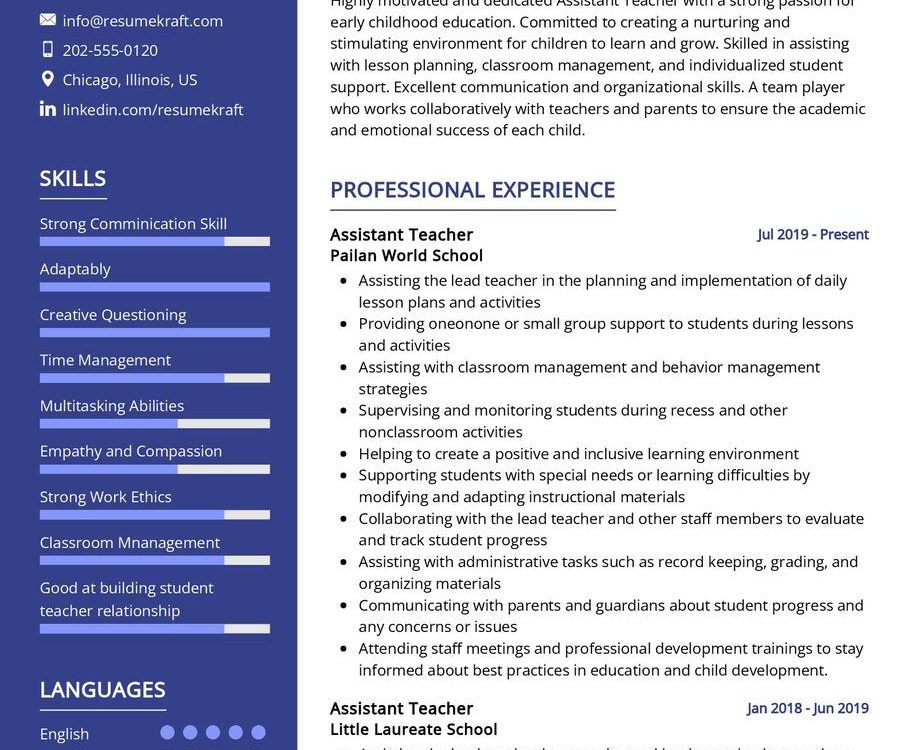 Assistant Teacher Resume Sample