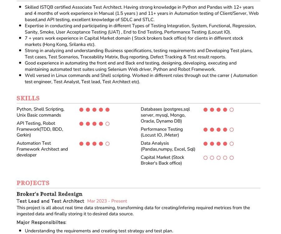 Associate Test Architect CV Sample