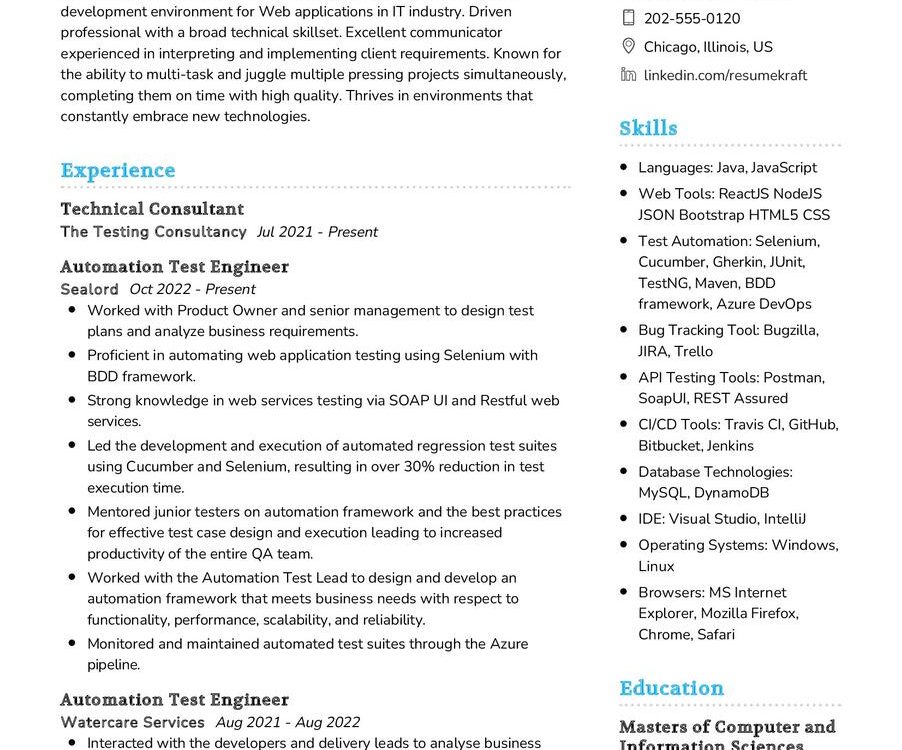 Automation Test Engineer CV Sample in 2024 - ResumeKraft