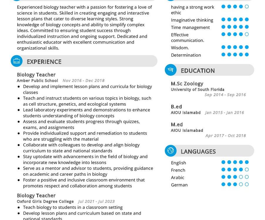 Biology Teacher CV Sample