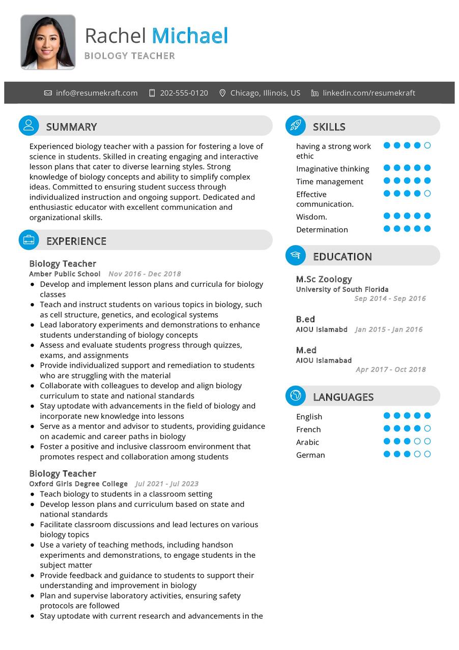 sample resume for biology teacher