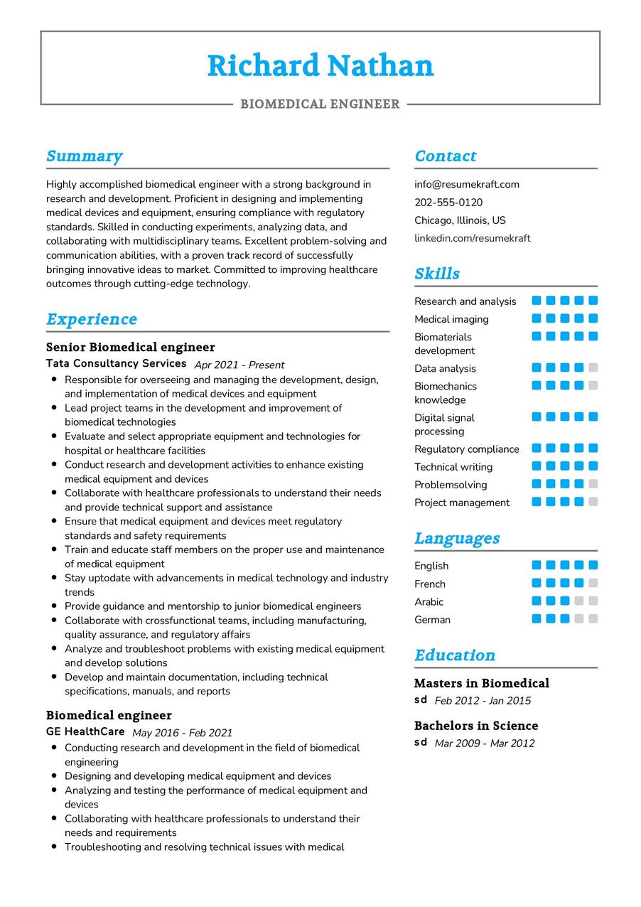 Biomedical Engineer Resume Sample In Resumekraft