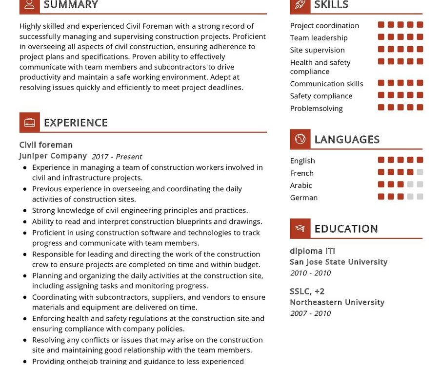 Civil Foreman CV Example in 2025 - ResumeKraft