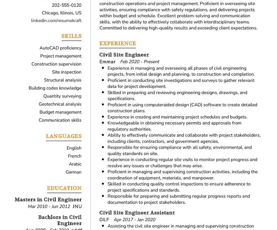 Civil Site Engineer Resume Sample