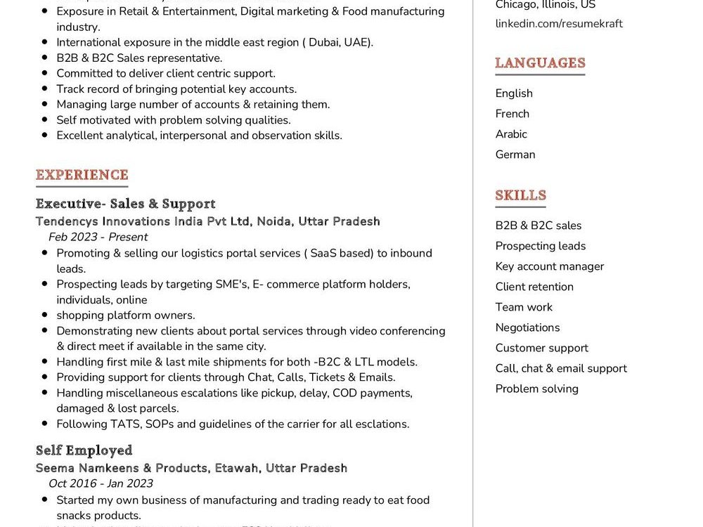 Client services Professional CV Sample