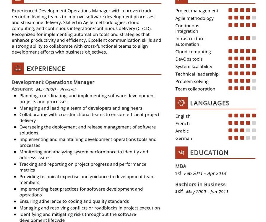 Development Operations Manager Resume Sample