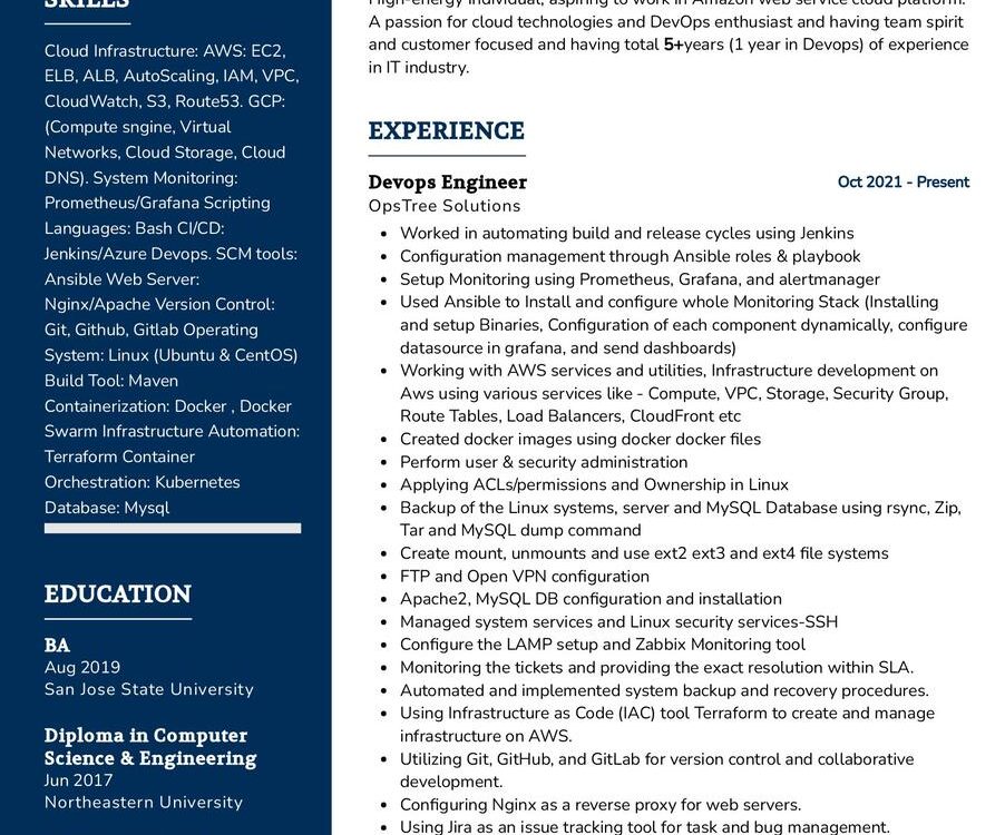 Devops Engineer CV Sample in 2024 - ResumeKraft