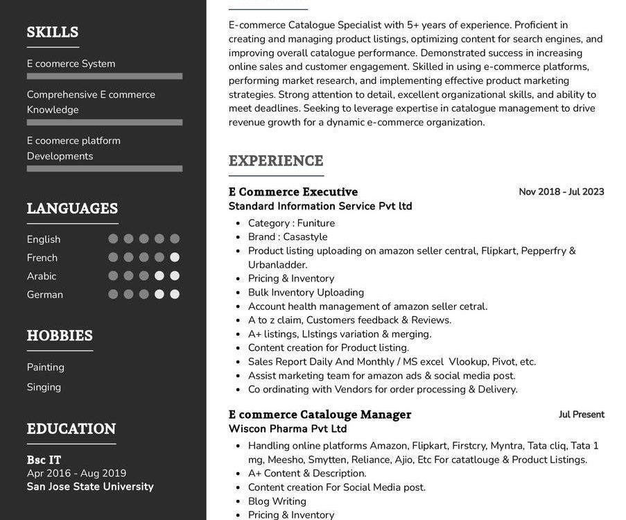 E commerce Catalogue Specialist CV Example
