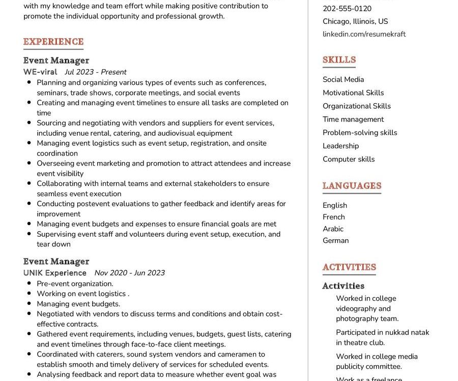Event Manager & Photographer CV Example