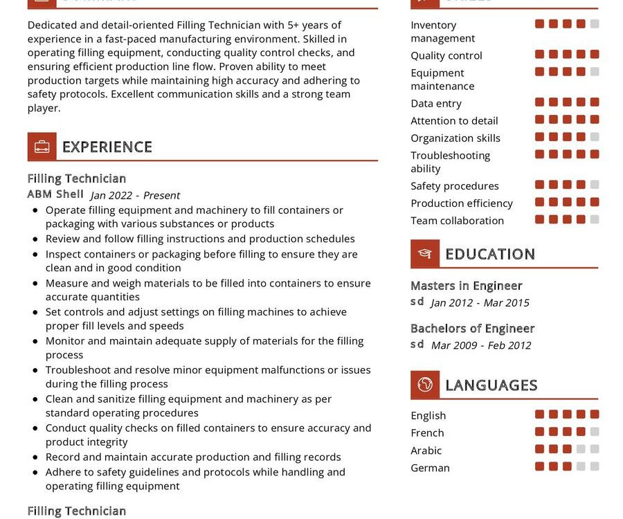 Filling Technician Resume Sample