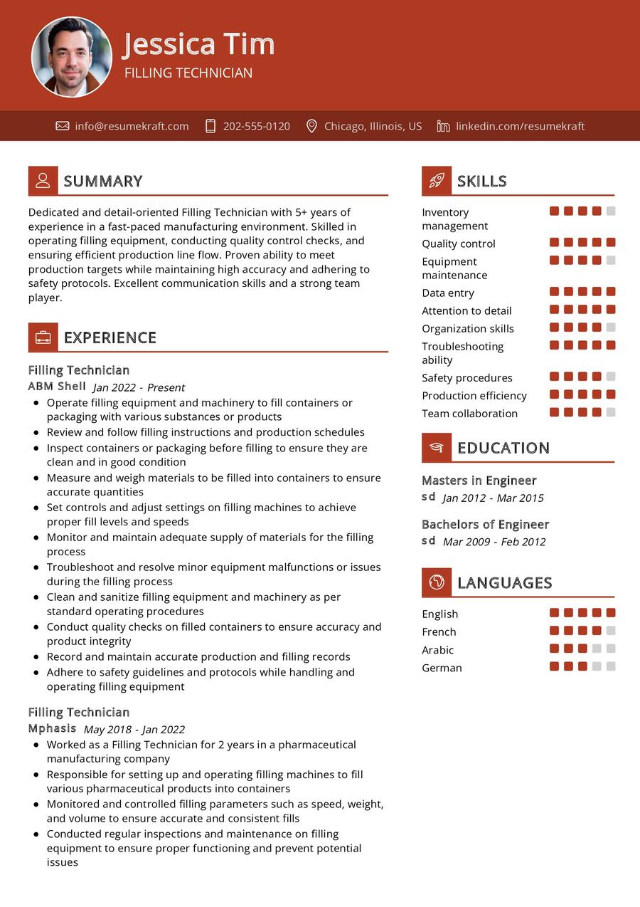 Filling Technician Resume Sample in 2024 - ResumeKraft