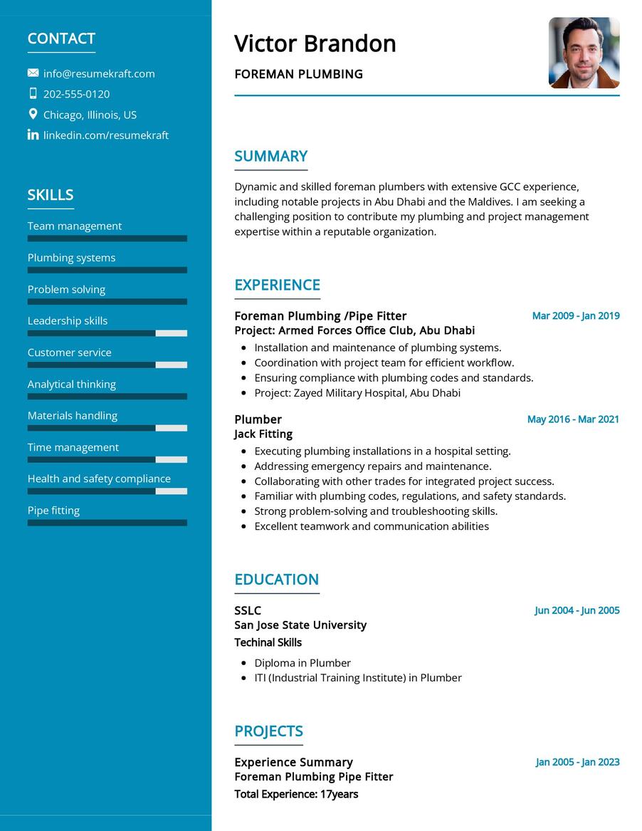 Foreman Plumbing CV Sample in 2024 - ResumeKraft