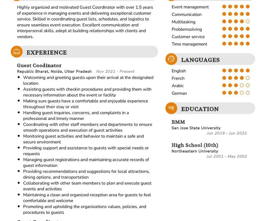 Guest Coordinator Resume Sample