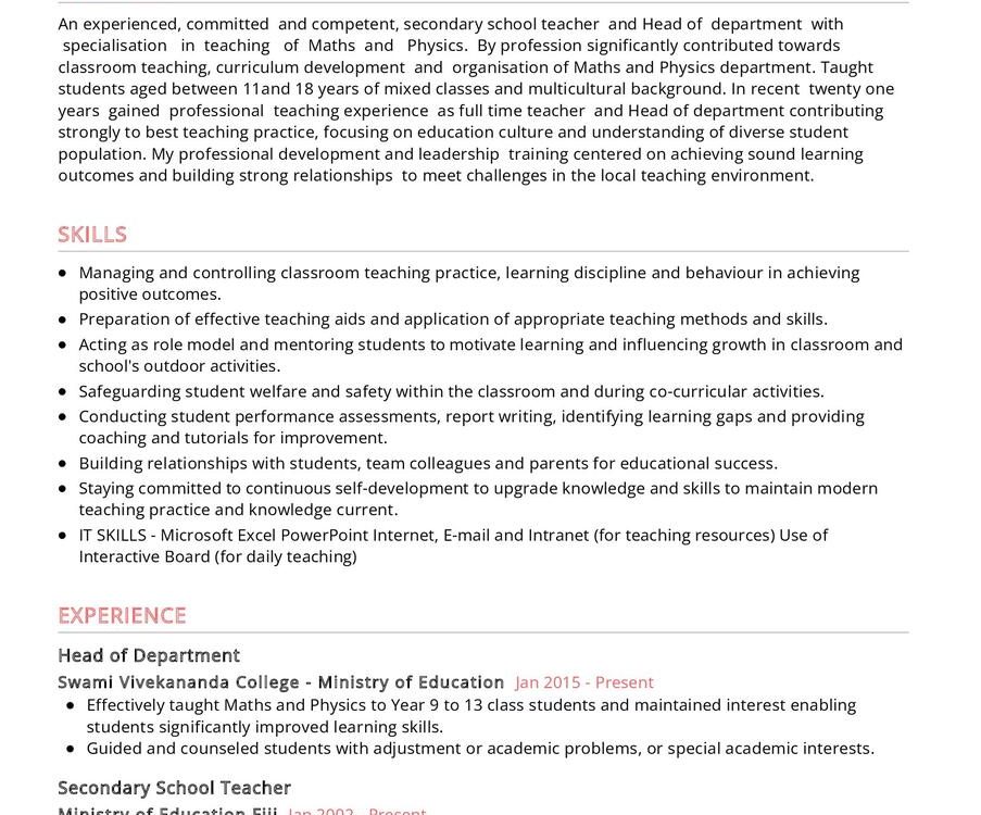 Head of the Department CV Example