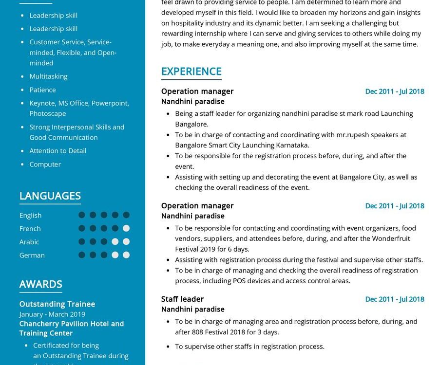 Hospitality Management CV Example