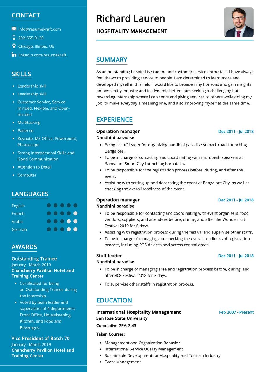 cv tourism hospitality management