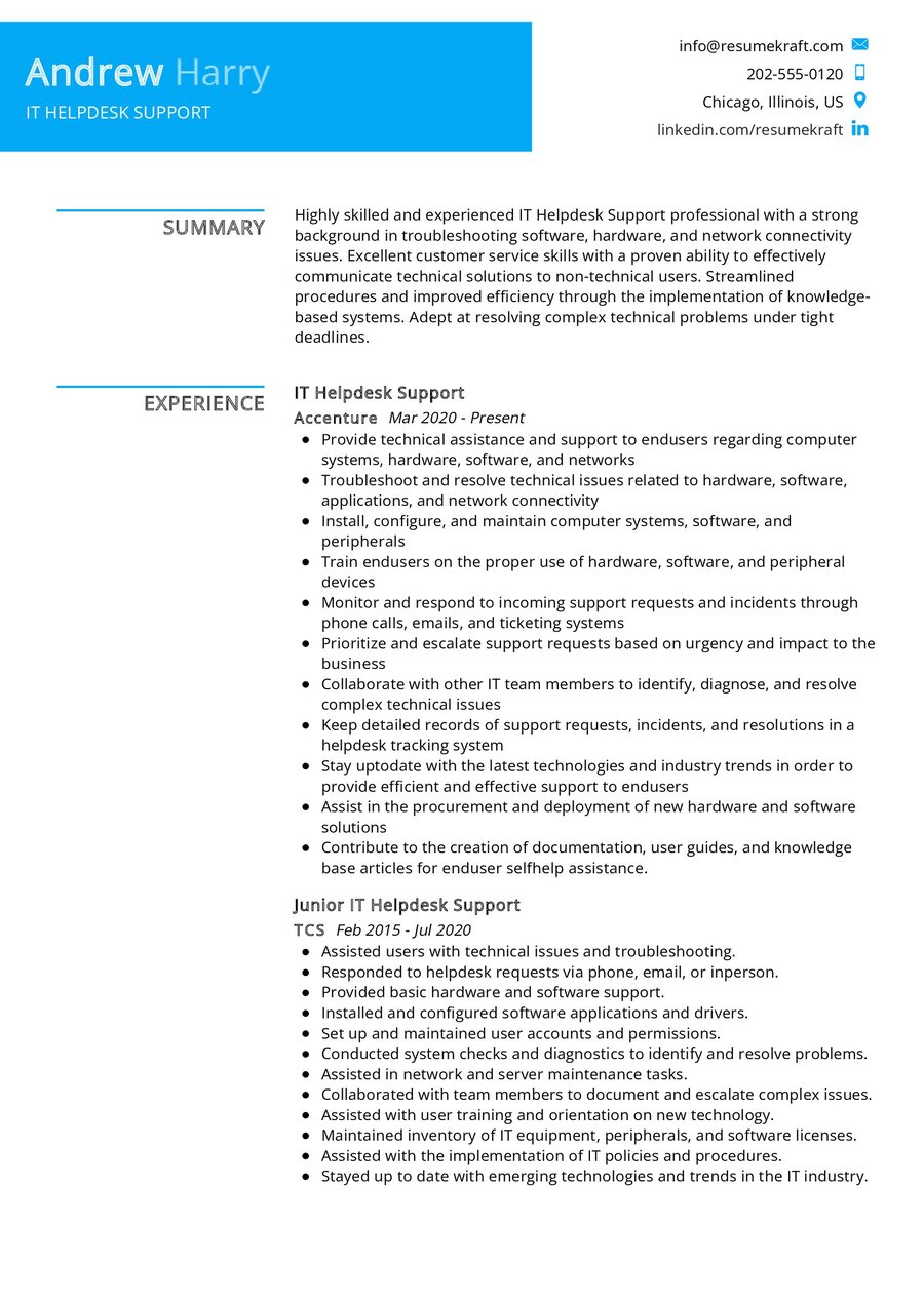 IT Helpdesk Support Resume Sample in 2024 - ResumeKraft