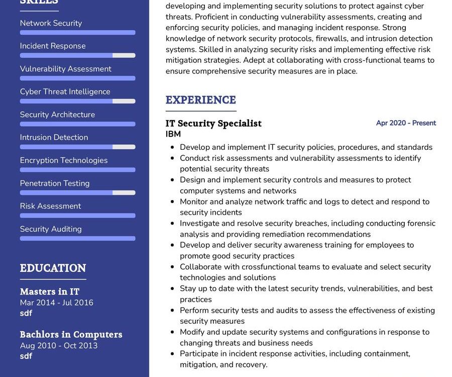IT Security Specialist Resume Sample