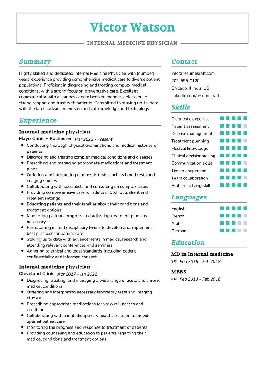 Internal Medicine Physician Resume Sample