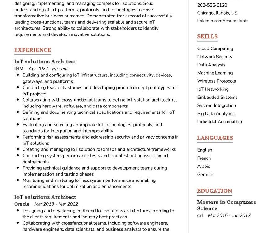 IoT solutions Architect Resume Sample in 2024 - ResumeKraft