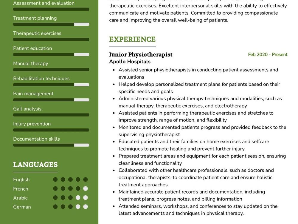 Junior Physiotherapist Resume Sample