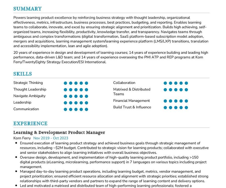 Learning & Development Product Manager CV Example in 2024 - ResumeKraft