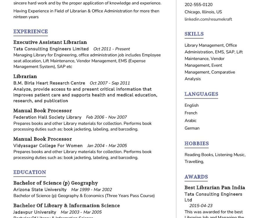 Librarian & Office Administrator CV Sample