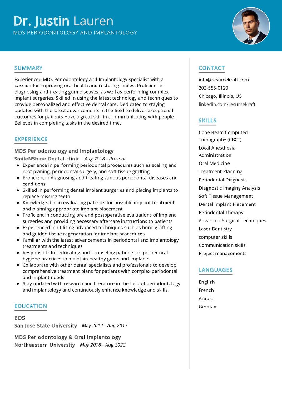 MDS Periodontology & Implantology CV Sample in 2024 - ResumeKraft