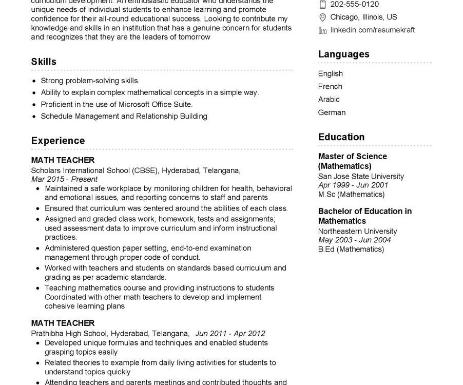 Math Teacher Resume Sample In 2024 - Resumekraft