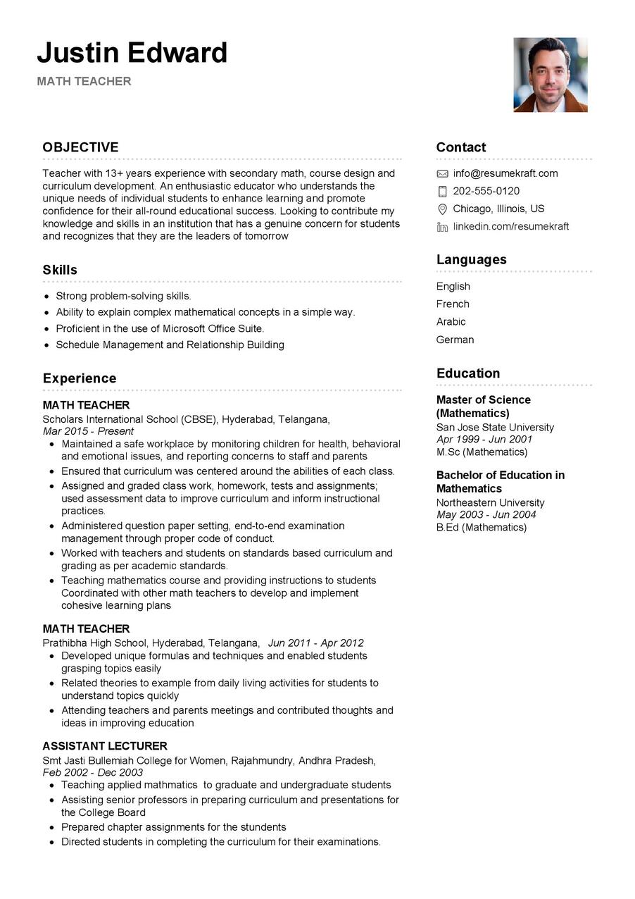 Math Teacher Resume Sample in 2024 - ResumeKraft