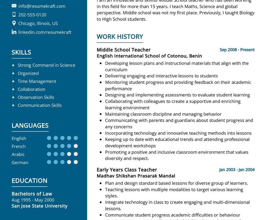 Middle School Teacher CV Sample