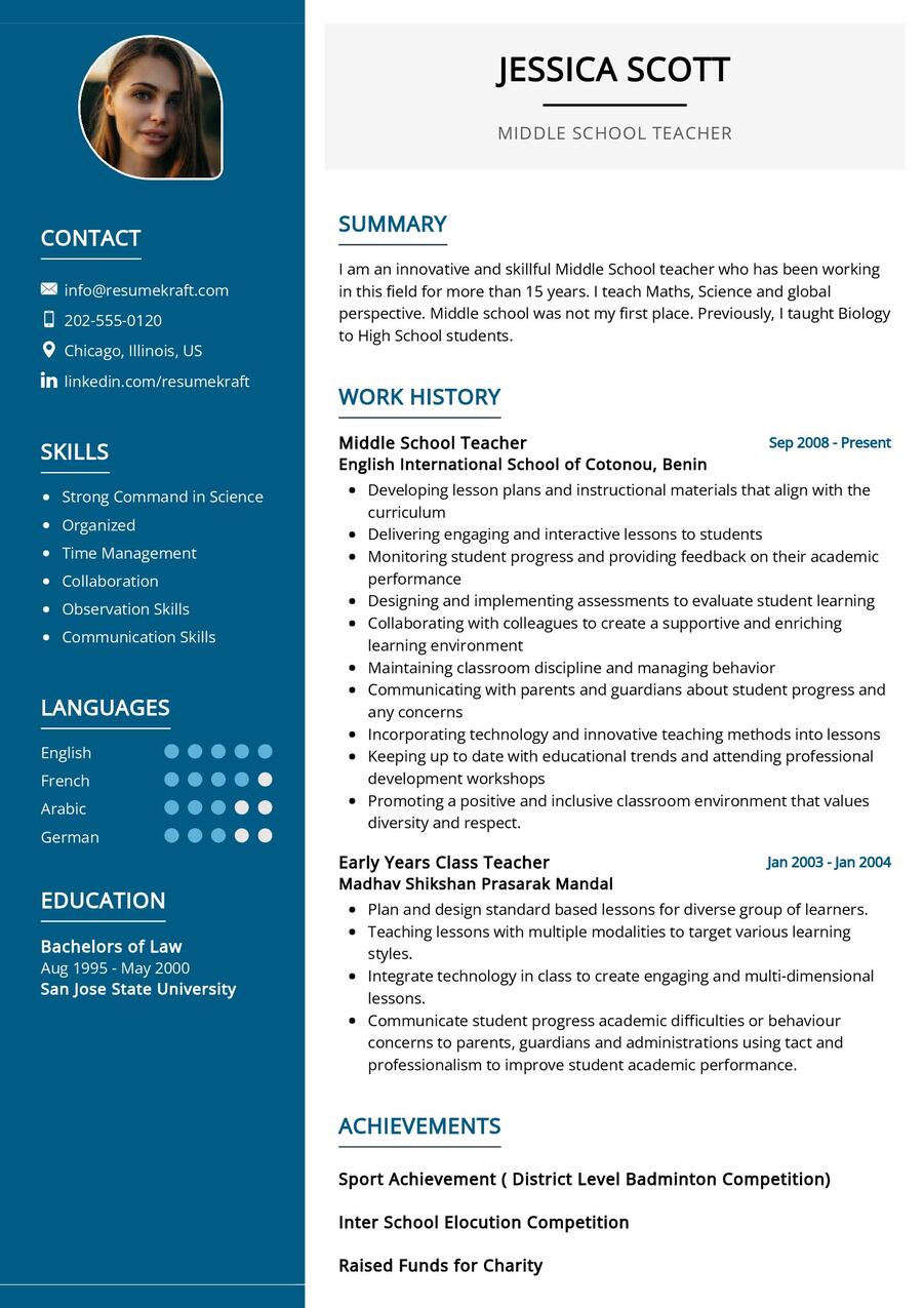 Middle School Teacher CV Sample