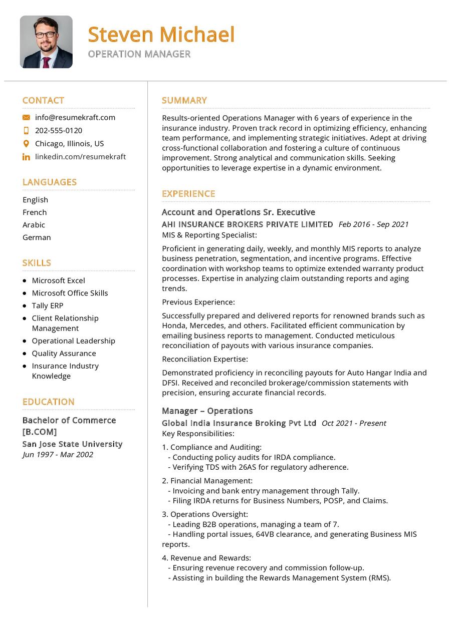 Operation Manager CV Example in 2024 - ResumeKraft