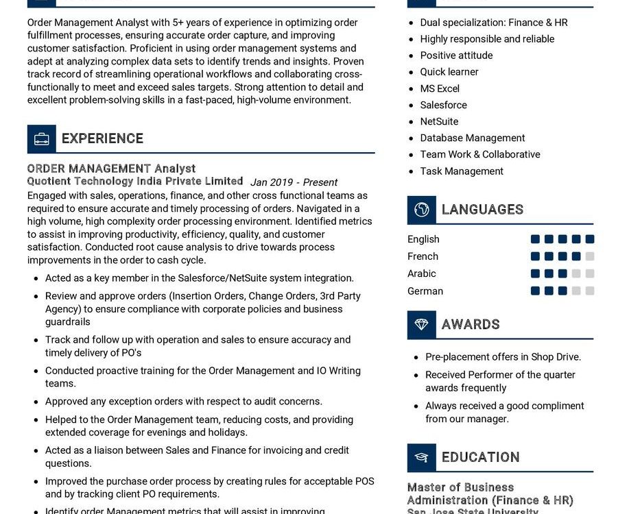 Order Management Analyst CV Sample in 2024 - ResumeKraft