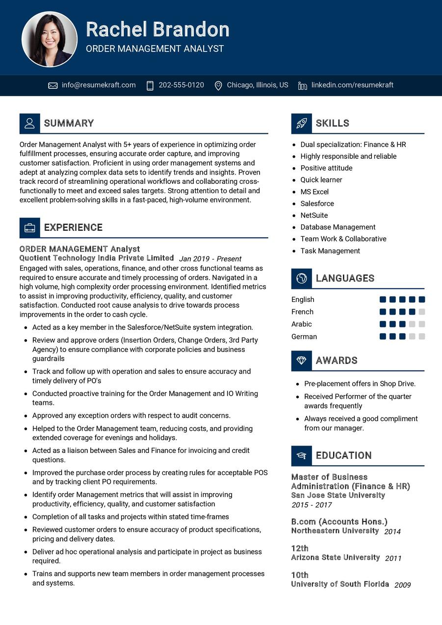 Order Management Analyst CV Sample in 2024 - ResumeKraft