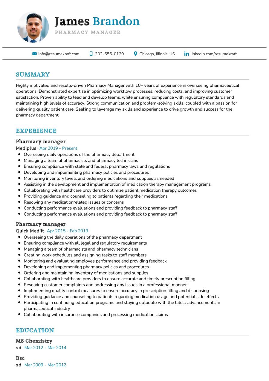 Pharmacy Manager Resume Sample In 2024 - Resumekraft