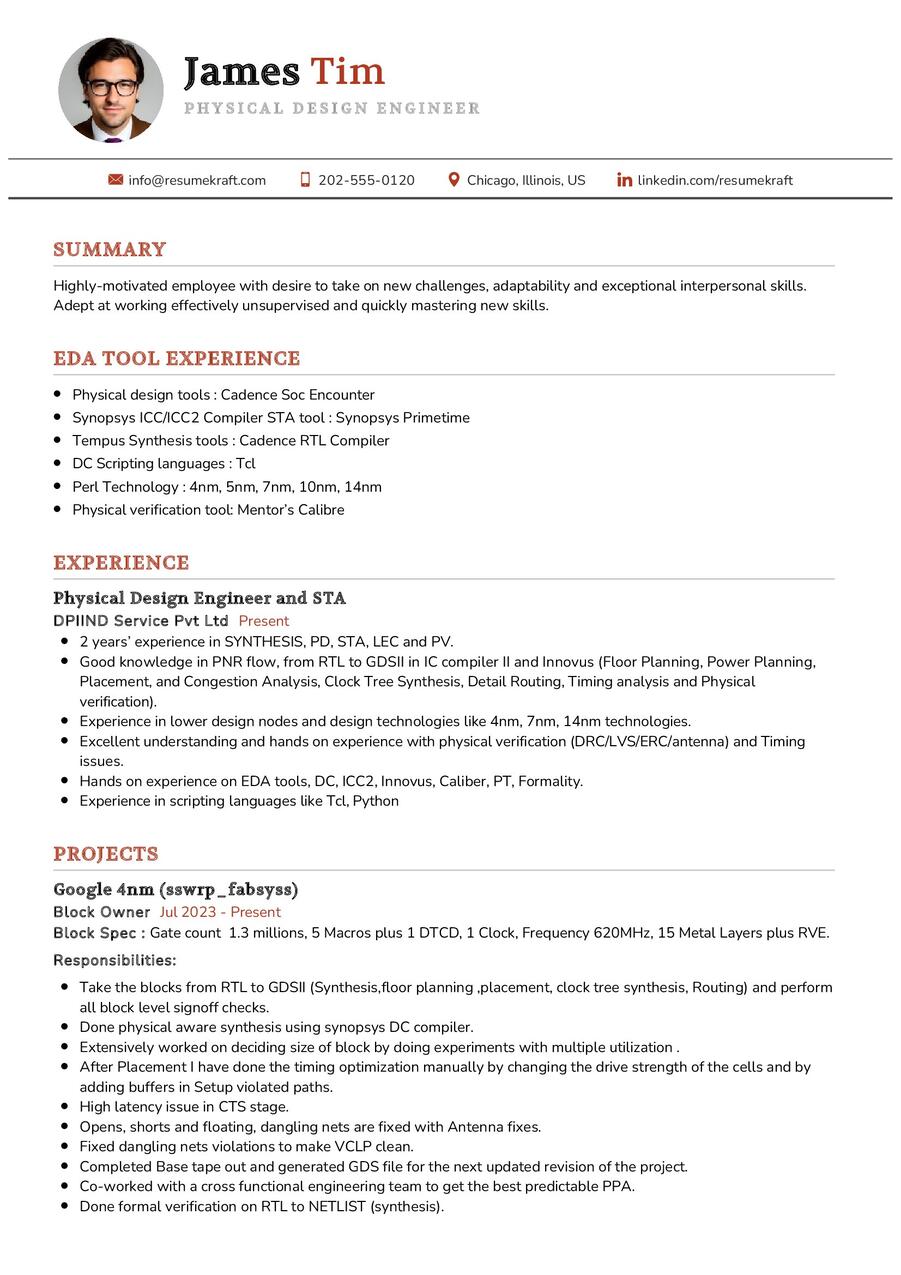 Physical Design Engineer CV Sample in 2025 - ResumeKraft