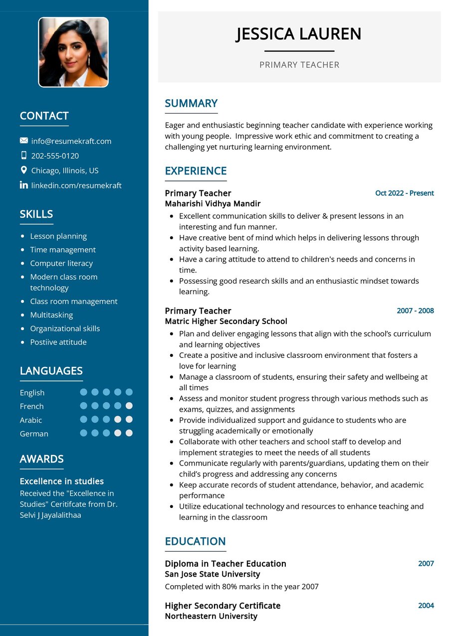 Primary Teacher CV Example in 2024 - ResumeKraft