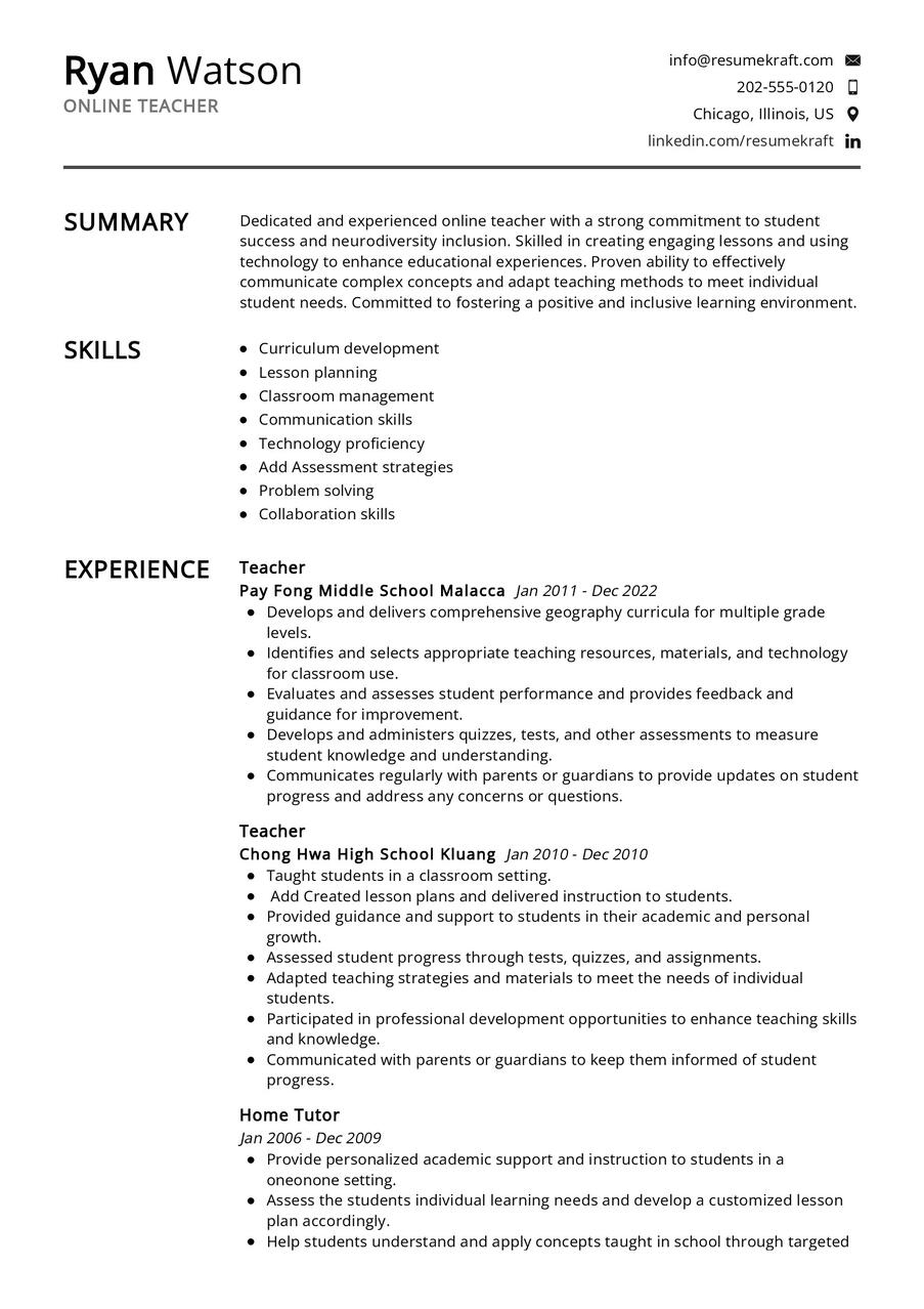 Online Teacher CV Sample in 2025 - ResumeKraft