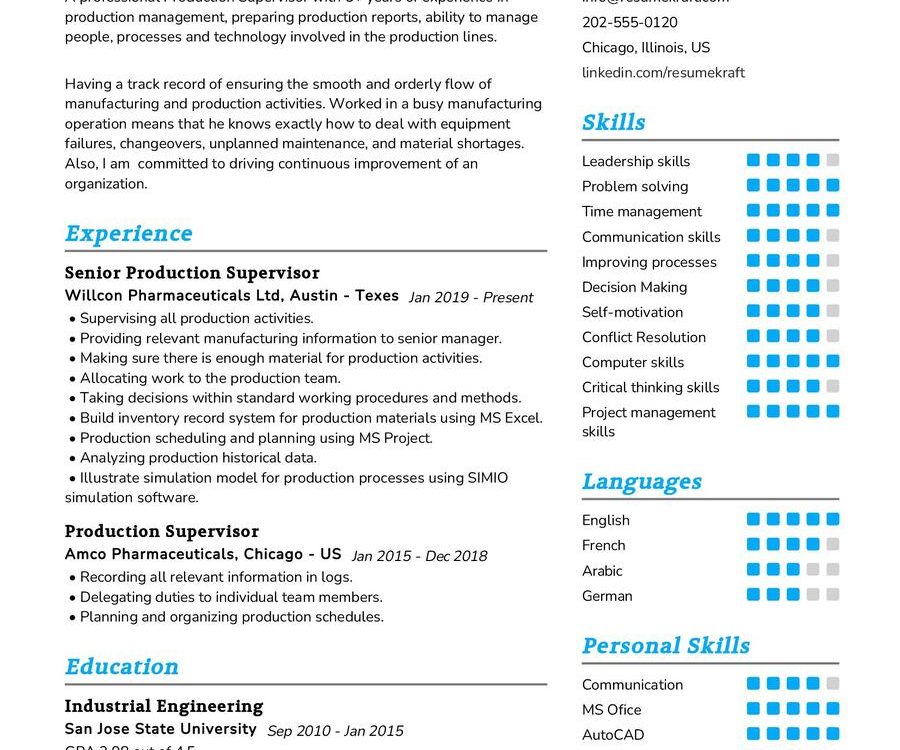 Production Supervisor CV Sample in 2024 - ResumeKraft