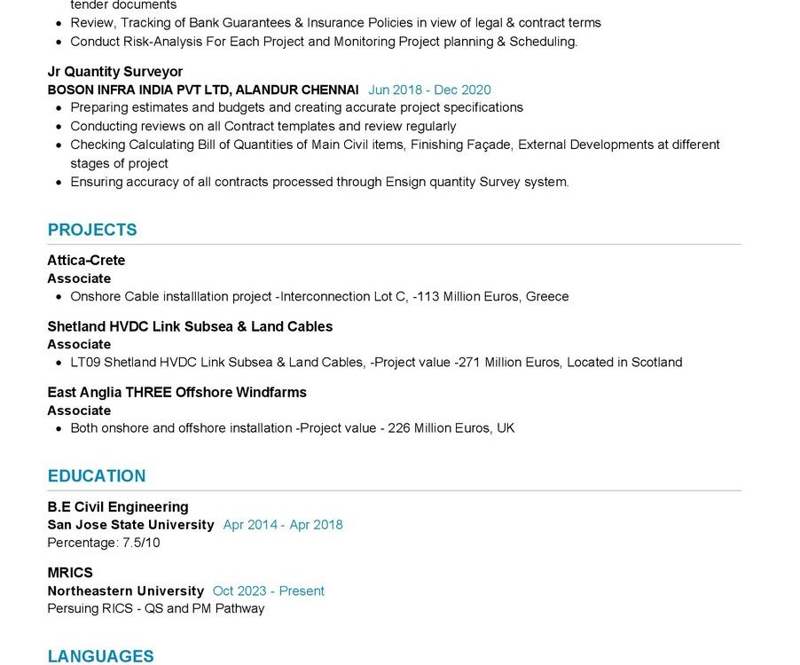 QS & Contracts Engineer Resume Sample