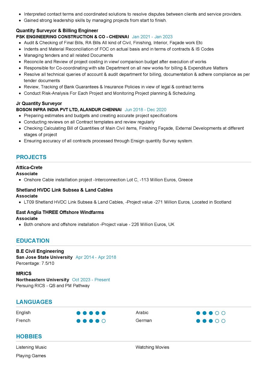 QS & Contracts Engineer Resume Sample in 2024 - ResumeKraft