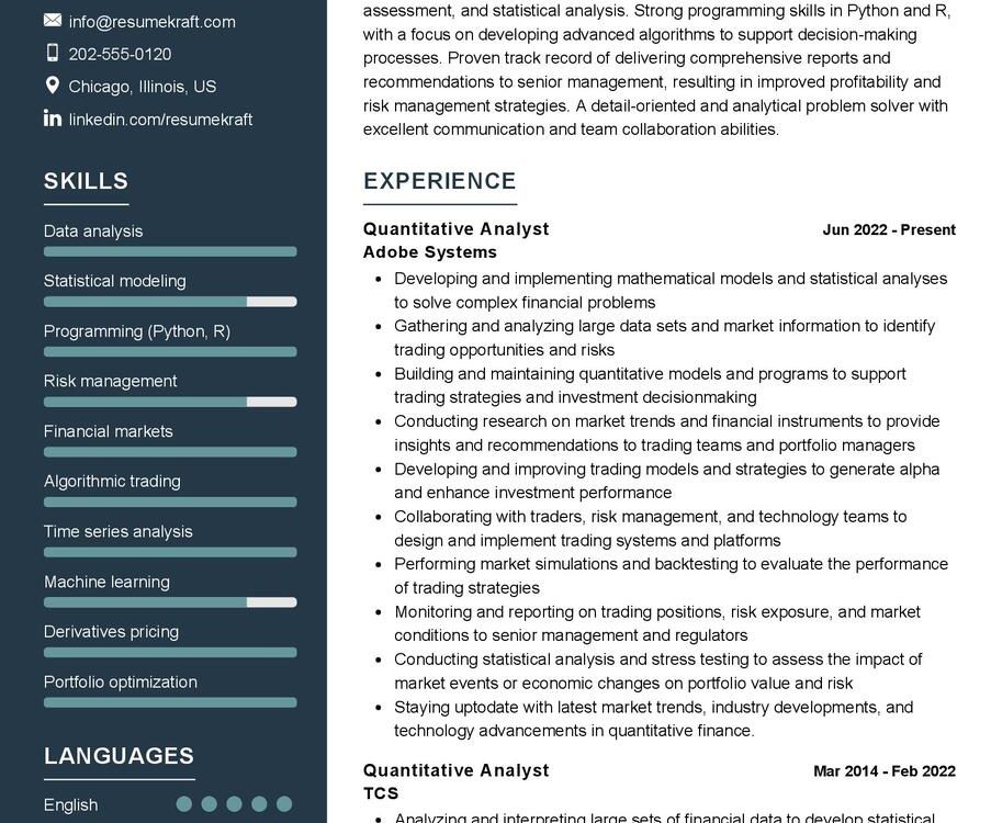 Quantitative Analyst Resume Sample In 2024 Resumekraft 1723