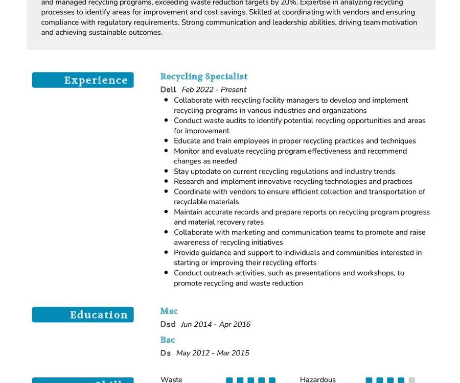 Recycling Specialist Resume Sample