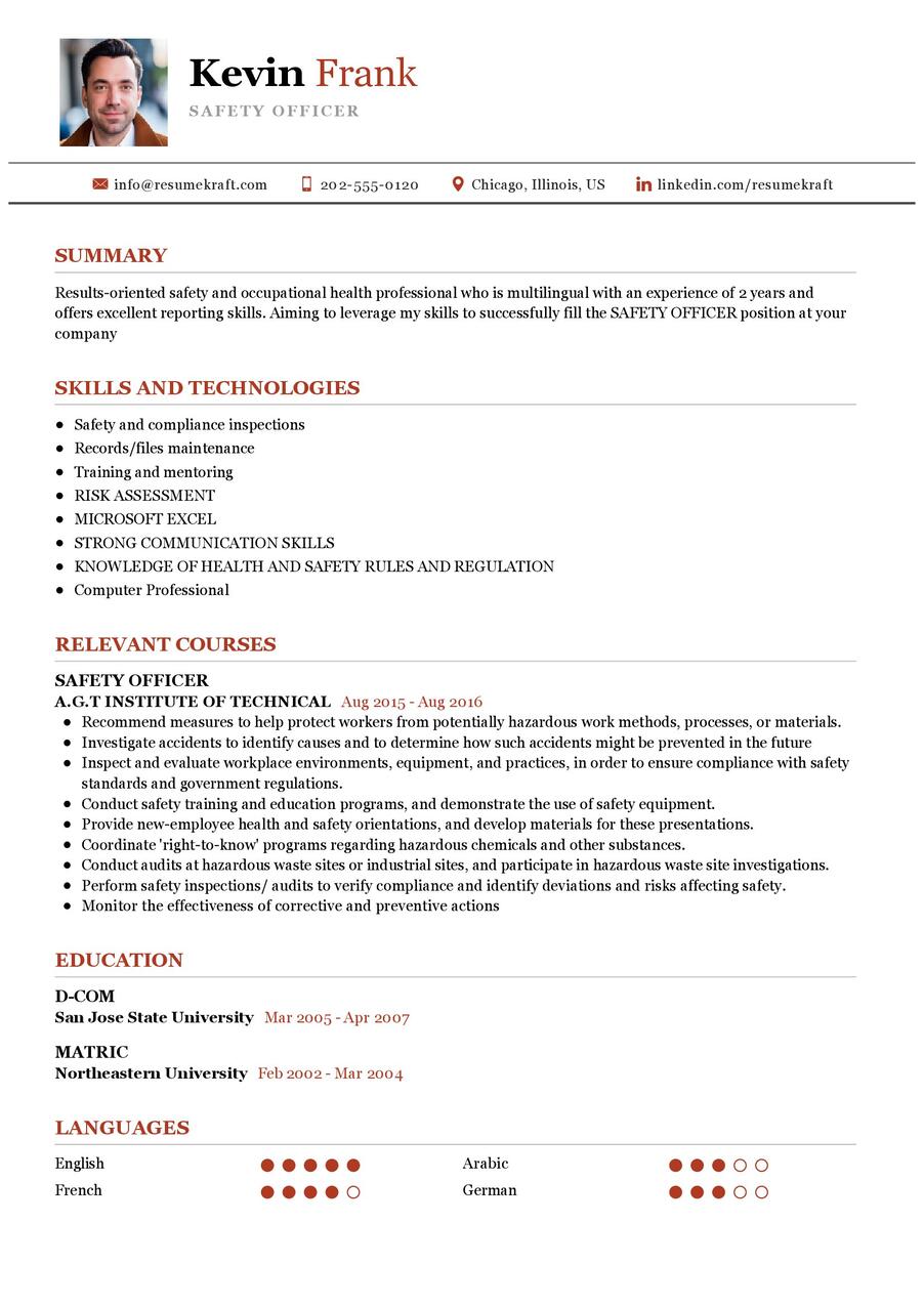 Safety Officer Cv Sample In 2024 - Resumekraft