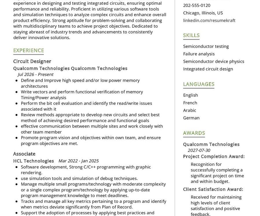 Semiconductor Engineer CV Example in 2024 - ResumeKraft