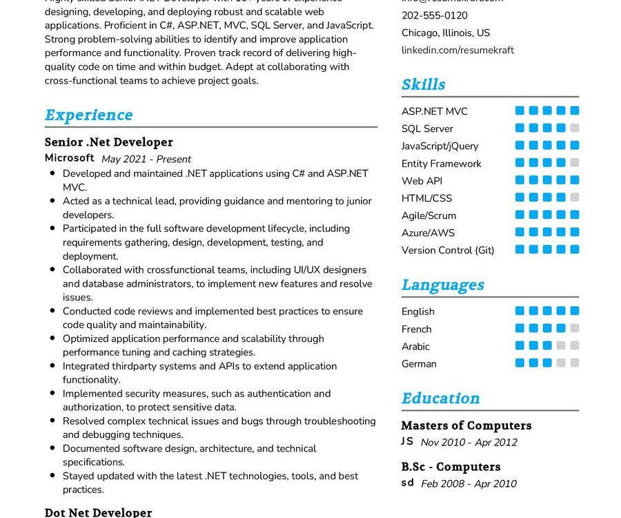 sample resume for c#.net developer