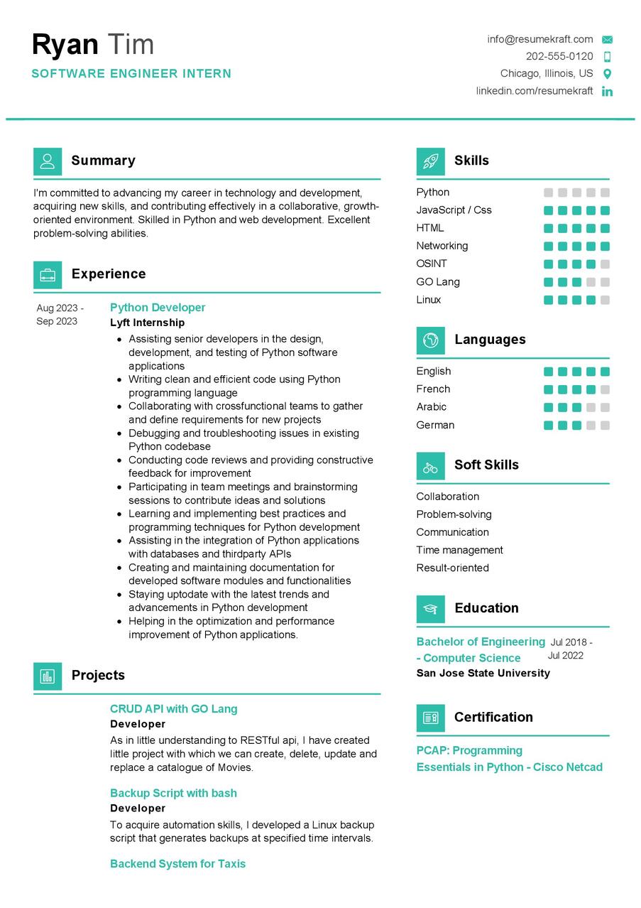 Software Engineer Intern CV Example in 2024 ResumeKraft